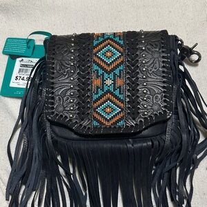 Montana West Black Fringe Crossbody with Turquoise & Orange Beaded Panel
